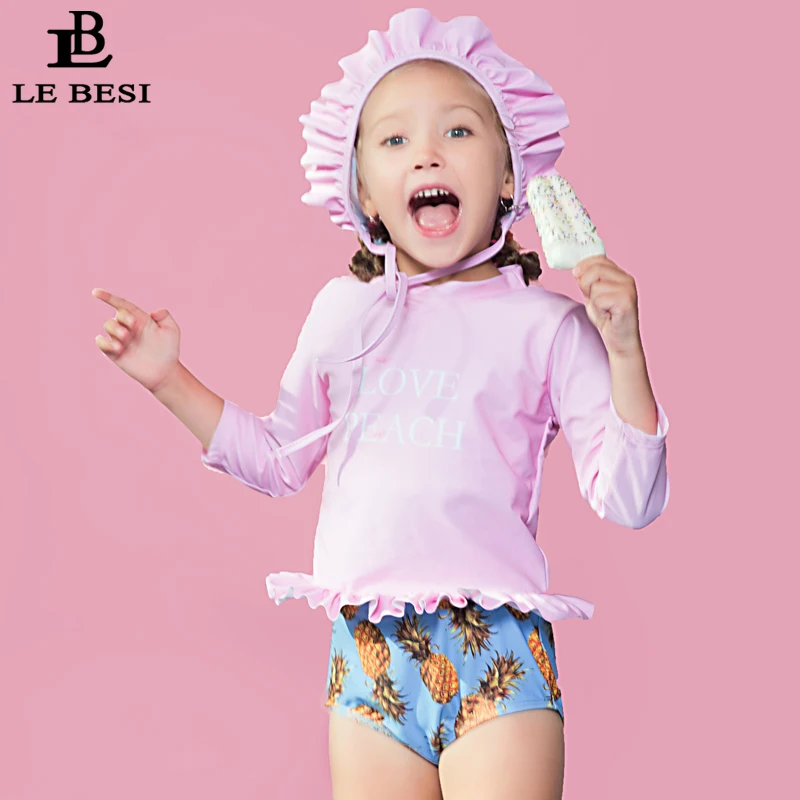 LEBESI/ г.; детский купальник; купальный костюм из двух предметов с принтом ананаса; пляжная одежда с длинными рукавами для девочек; купальный костюм; шапочка для плавания