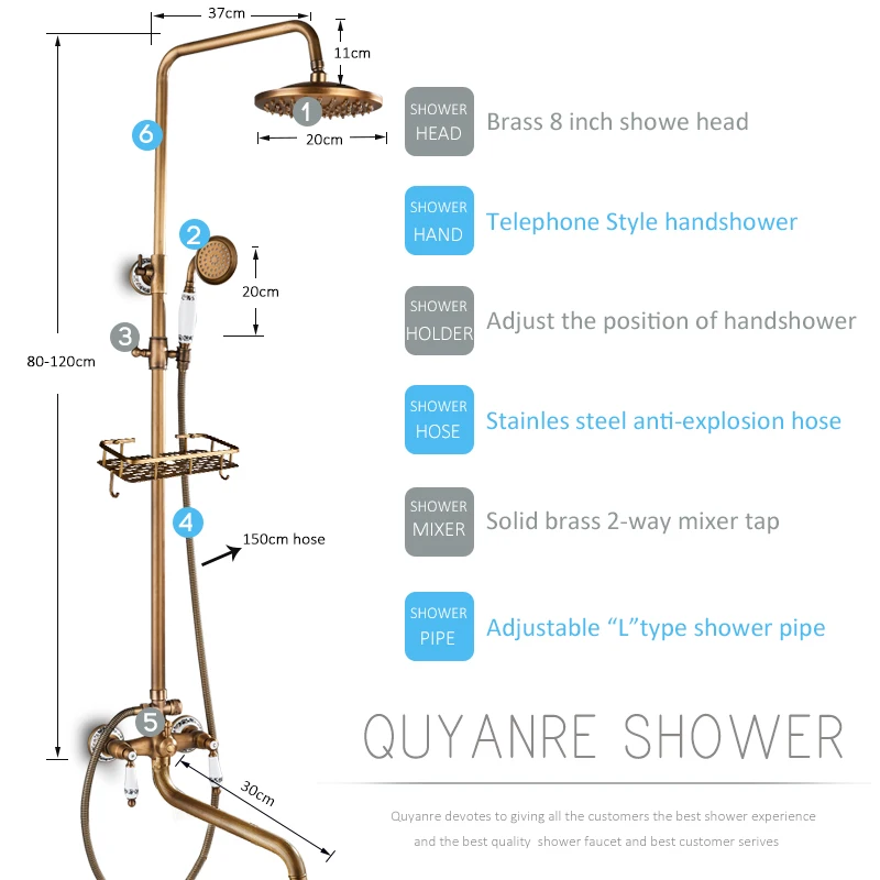 quyanre wanfan antique brass wall mount shower faucet set with commodity shelf dual handles mixer tap with 30cm longness spout bathtub shower faucet2