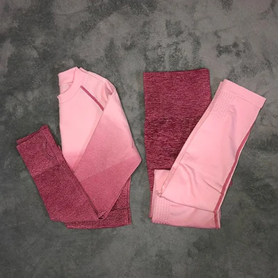 rose red Женский комплект для йоги, одежда для спортзала, Омбре, бесшовные леггинсы+ укороченные рубашки, спортивный костюм для тренировок, Женский комплект с длинным рукавом для фитнеса, одежда для активного отдыха - Цвет: rose red