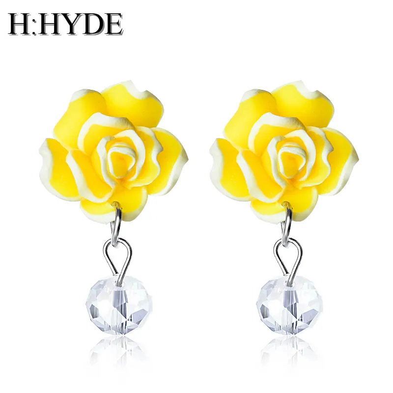 

H:HYDE 1 Pair Elegant Women Crystal Rhinestone Yellow Rose Red Flower Cute Drop Long Dangle Earrings Fashion Jewelry Earrings