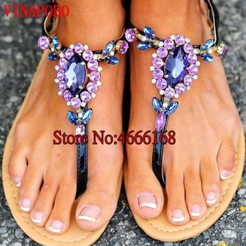 

2019 Women Shoes Hot Fashion Women Sandals T-strap Bohemia Beaded Slipper Flat Crystal Gladiator Sandals Women Summer Flip Flops