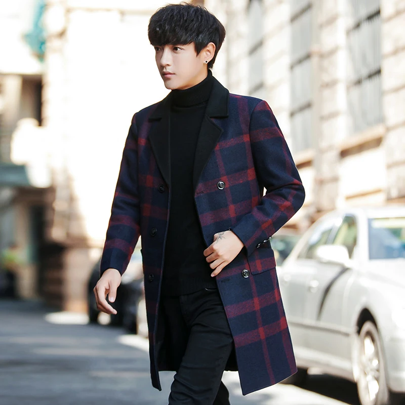 

men coat winter Business casual long jacket men Striped plaid coats mens