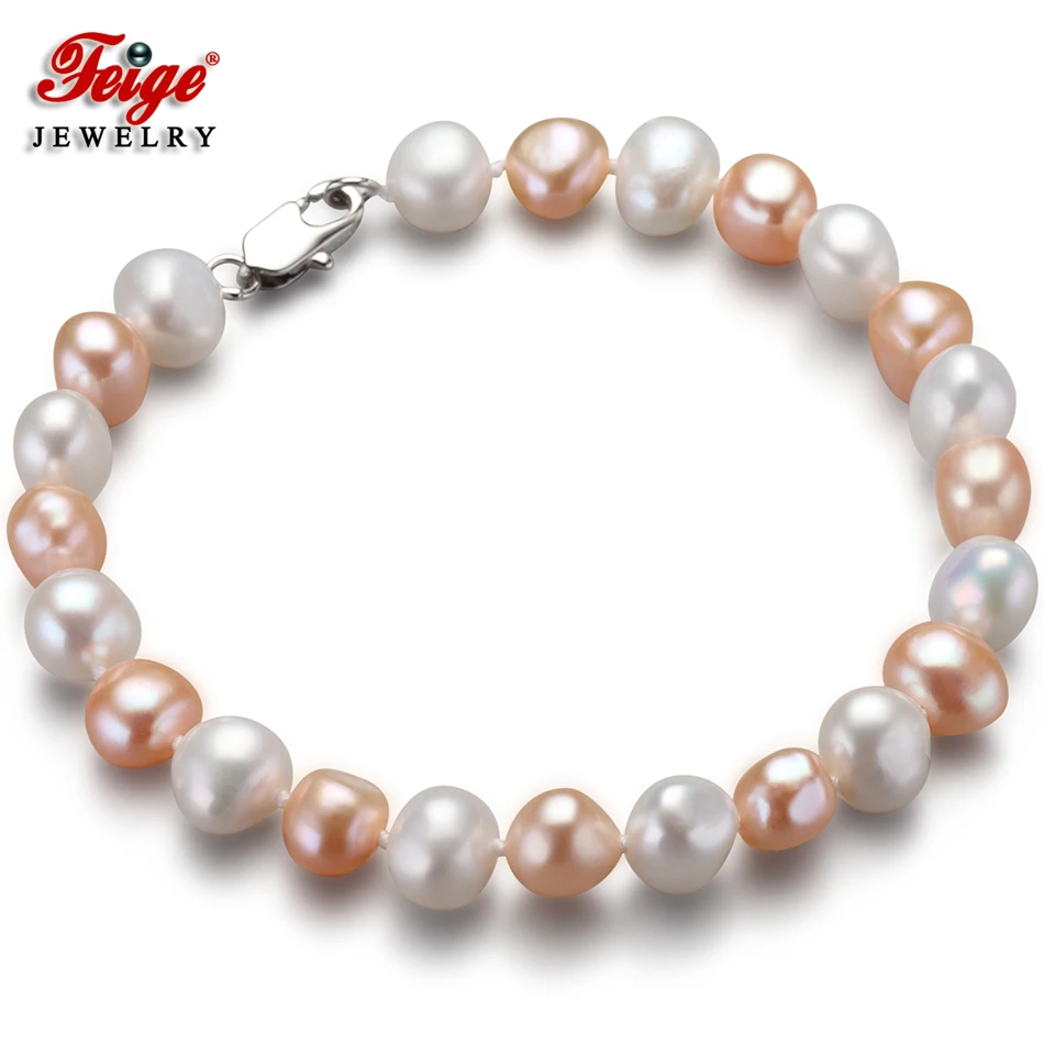

Feige New special offer Baroque style 7-8MM White/Pink Natural Freshwater Pearl Bracelet For Women Fine Pearl Jewelry Pulseras