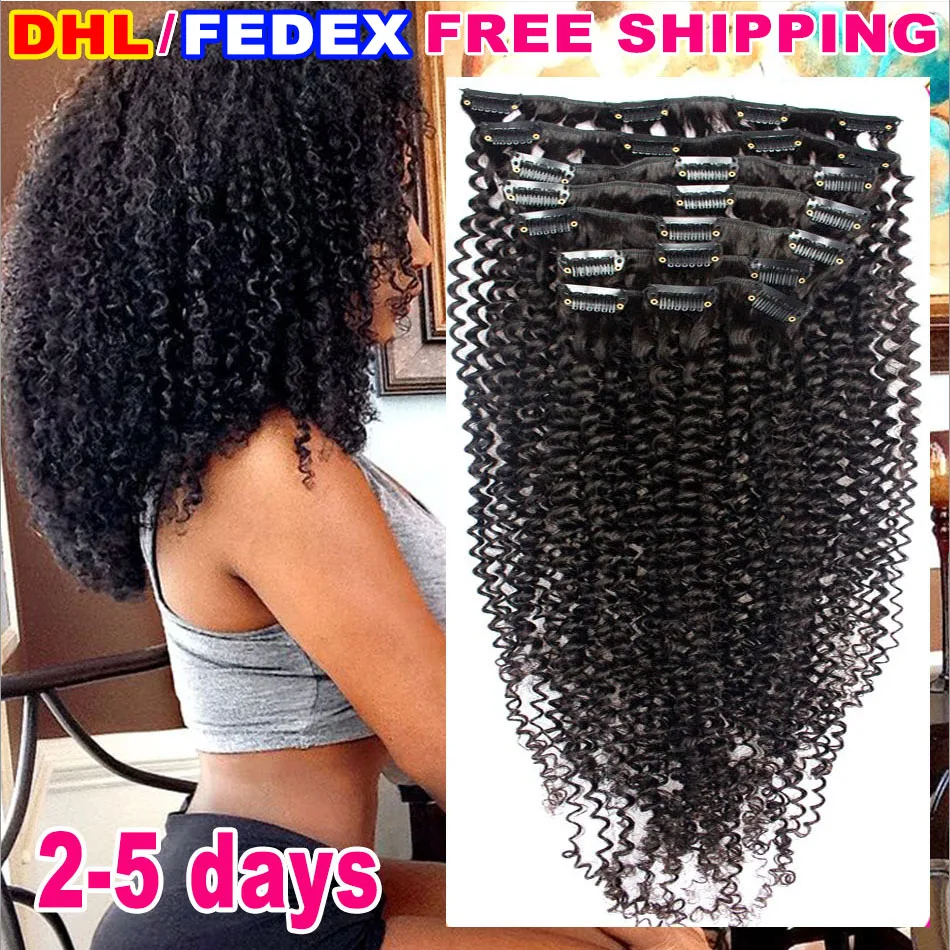 ФОТО 7A Kinky Curly Clip In Hair Extensions 4B 4C African American Clip In Human Hair Extension 120g 10 pcs Afro Kinky Curly Clip Ins