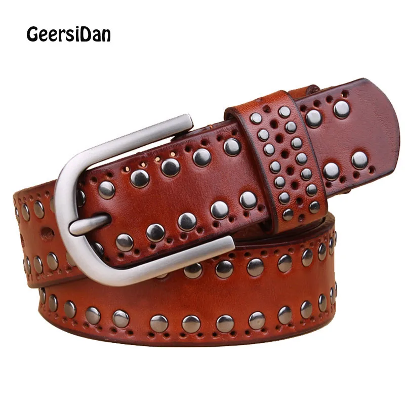 

GEERSIDAN Fashion Luxury genuine leather belt for women High quality cowskin retro rivet wide men belt pin buckle Unisex strap