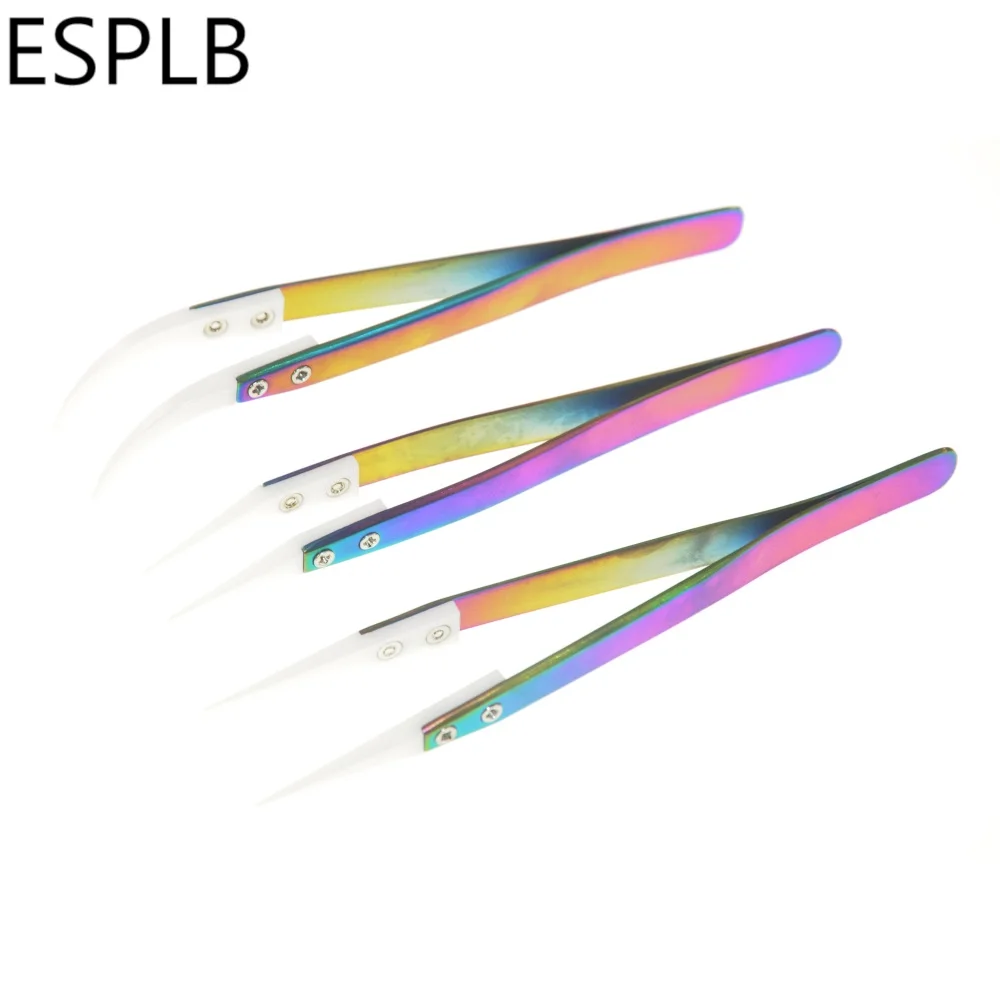 ESPLB Rainbow Ceramic Tweezers Stainless Steel Cigarette Heat Resistant Antistatic Plating Precision Straight Curved Tweezers precision tweezers esd anti static tweezers ceramic tweezers