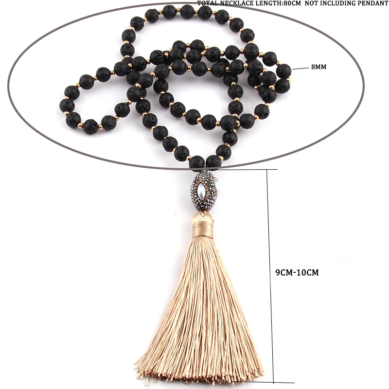Модные черные камни из лавы богемные племенные ювелирные изделия длинное ожерелье с кисточкой