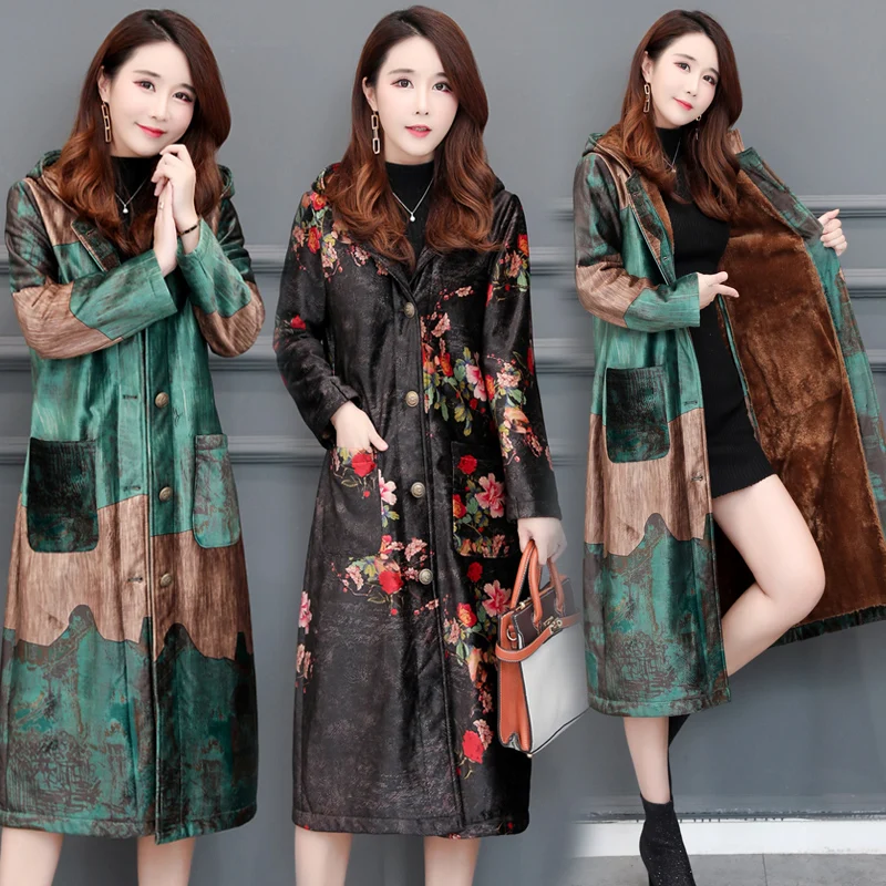 

Woman long coat plus size Autumn women's trench coat printing Middle age clothing Velvet Add wool hooded Women's overcoats K4110
