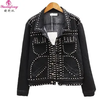 

Yuxinfeng Spring Autumn Women Rivet Denim Jackets 2019 Long Sleeve Fashion Streetwear Vintage Pockets Boyfriend Coat Black Blue