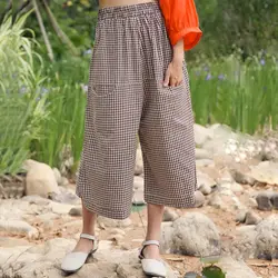 Хлопковые и льняные широкие штаны Винтаж эластичный пояс прямые брюки художественный свободные плед Этническая Стиль брюки Для женщин