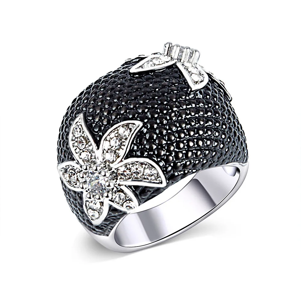

Jewelry Personality Wedding Party Gift Vintage Black Clear Cubic Zirconia Big White Flower Rings for Women