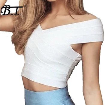 Beateen 2018 New Sexy Lady V-neck Off The Shoulder Bandage Crop Top Short Solid Summer Women Party Fashion Tops Wholesale 2