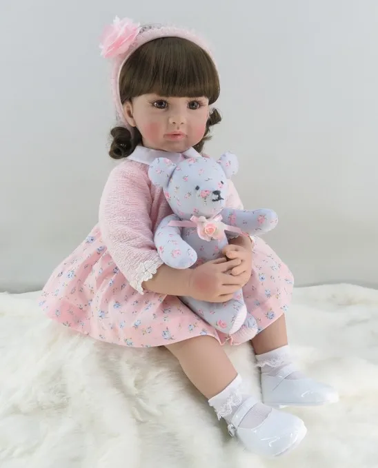 60cm Silicone Reborn Girl Baby Doll Toys Vinyl Pink Princess Toddler Babies Dolls With Bear Birthday