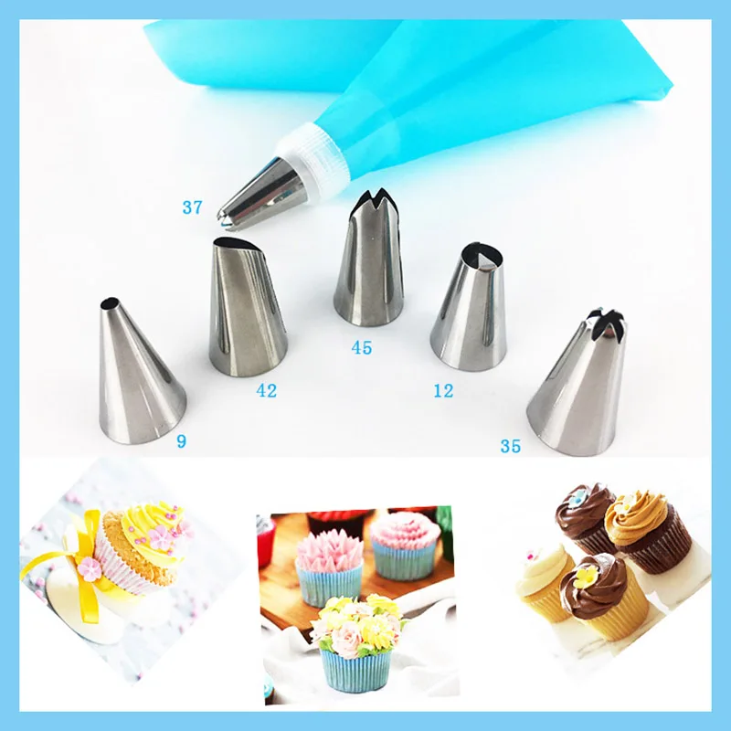 

8PCS/Set Silicone Icing Piping Cream Pastry Bag Dessert Decorators 6Pcs Stainless Steel Nozzle Set DIY Cake Decorating Tips