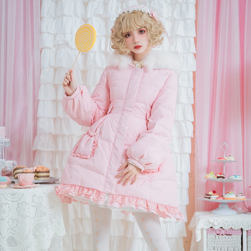 Douce Épaississement Lolita Belle rose Princesse Femmes Cheveux Automne blanc Zjy138 Et Vers Chaud Ciel Bas Parkas D'hiver Col Rose Adorable Le Pu CYppdSx