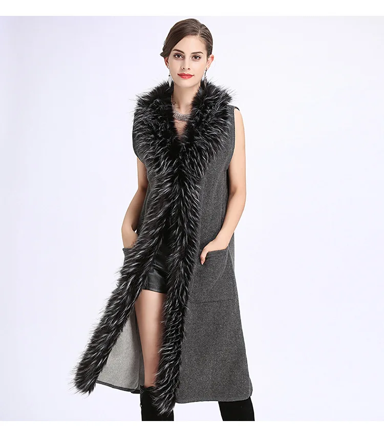 Брендовый шерстяной вязаный жилет для женщин, зимний теплый длинный кардиган, свитер с меховым воротником, Женское пальто без рукавов из искусственного кашемира