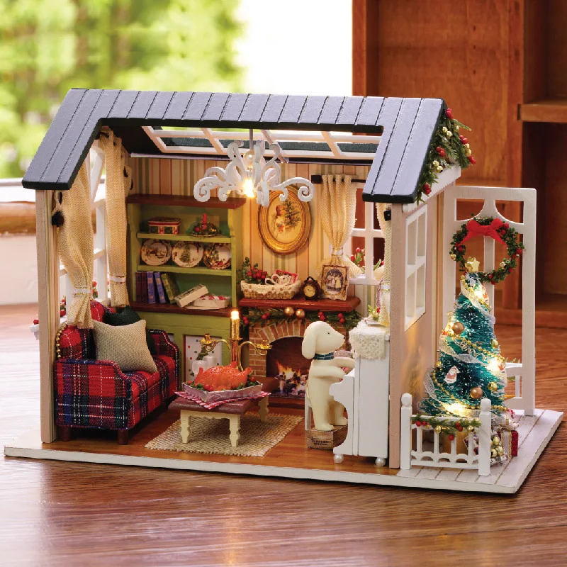 Holiday Time Handmade Furniture Doll House Assemble Kits Diy 3D Wooden Miniaturas Dollhouse Toys for Christmas Birthday Gift