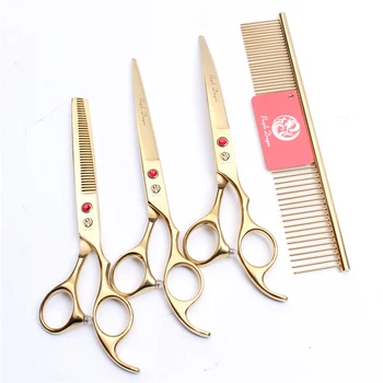 

4Pcs Suit 7 inch 19.5cm Gold Steel Comb +Cutting&ampThinning Shears +Down Curved Shears Professional Pets Hair Grooming Scissors