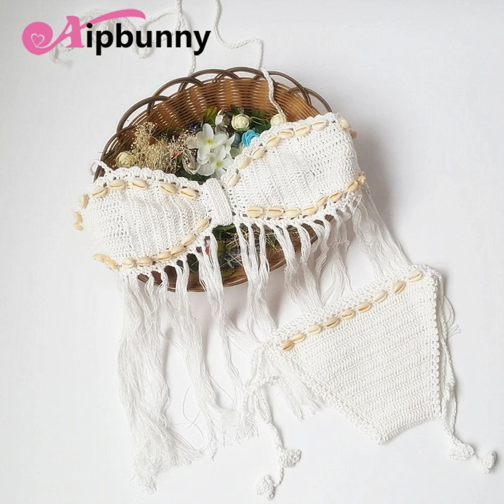 

AtejiFey New Women Crochet Knitted Bikini sets Bow Tie Shell Swimsuit Knitted Maillot Bain Femme Swimwear Bikinis Bathing Suit