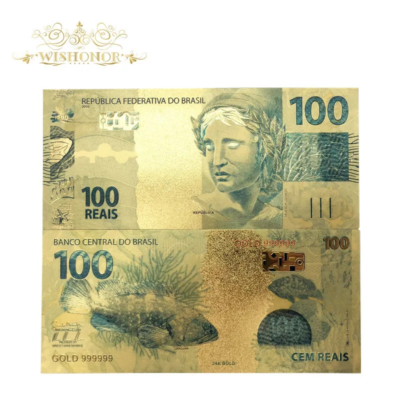 10 шт./лот, бразильские банкноты BRL, золотые банкноты, 24 k, позолоченные, 100 настоящие банкноты, Золотая фольга, банкноты, Прямая поставка