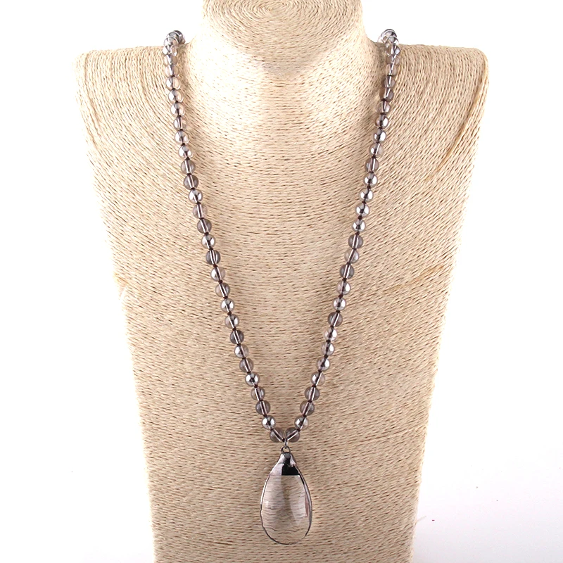 

MOODPC Fashion Bohemian Tribal Jewelry 8mm Glass Long Knotted Glass Drop Pendant Necklaces