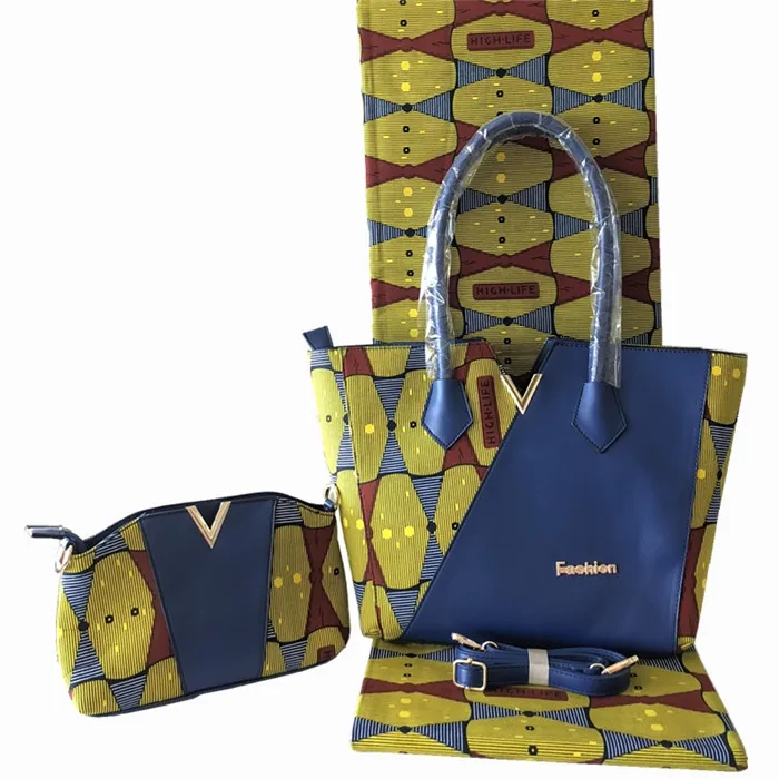 

Graceful 3pcs/set African veritable holland print wax fabric (6yards/lot) matching real wax handbags set for lady FB8-2
