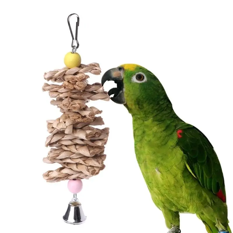 IALJ Top Bird Parrot Toys Natural Wooden Grass Chewing Bite Hanging