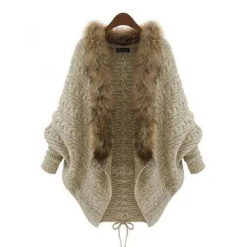 

2019 New Womens Loose Knitting Cardigan Autumn Fashion Females Trend Bat Sleeve Fur Collar Sweaters Casual Medium Length Coats