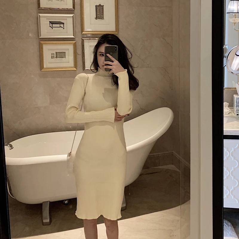 

Lychee Girls Turtleneck Sheath Knee-Length Dresses Female Long Sleeve Solid Color Dresses Spring Autumn Vintage Women Dresses