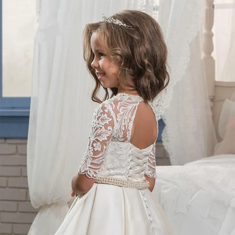 Little-Princess-Half-Sleeves-Flower-Girls-Dress-for-Weddings-Sheer-Lace-O-Neck-Pearls-Satin-First (3)