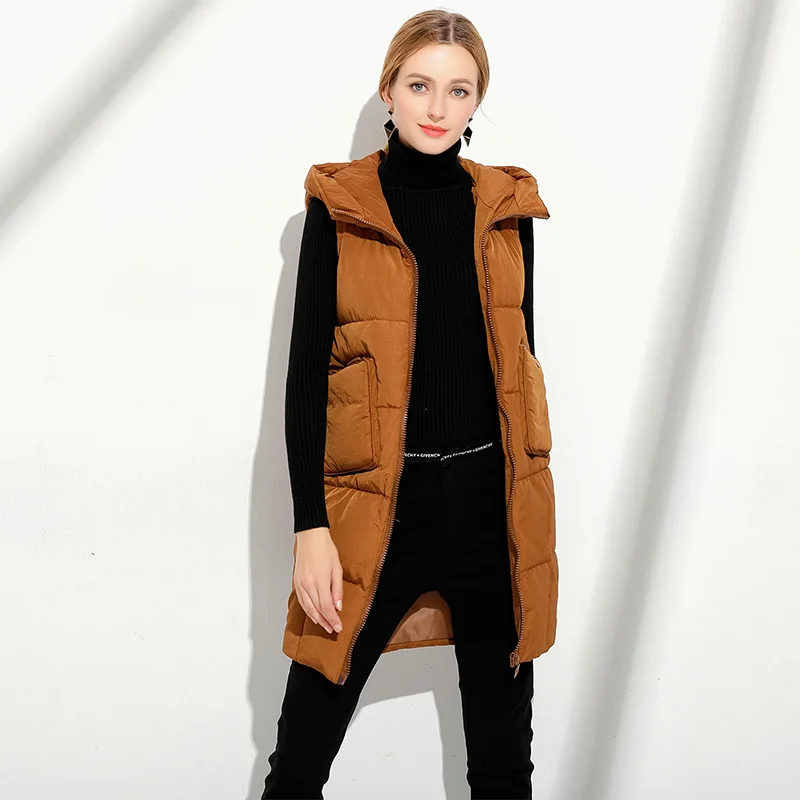 Winter Women Casual Hoodie Vests Pockets Black Caramel Cotton Coat Female Plus Size Zipper Long