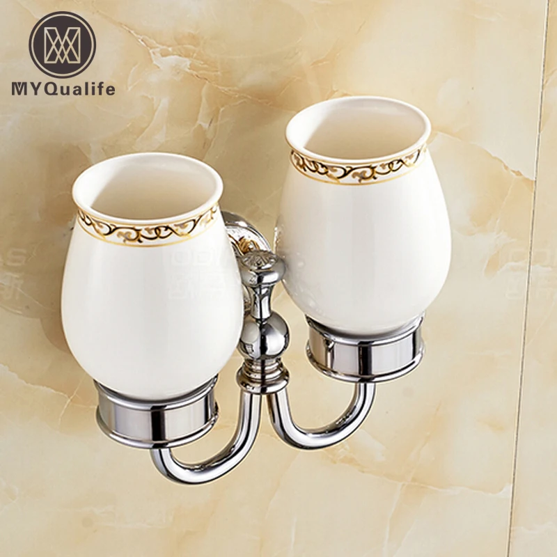 Chrome & Ceramic Wall Mount Cup & Tumbler Holders Luxury Double