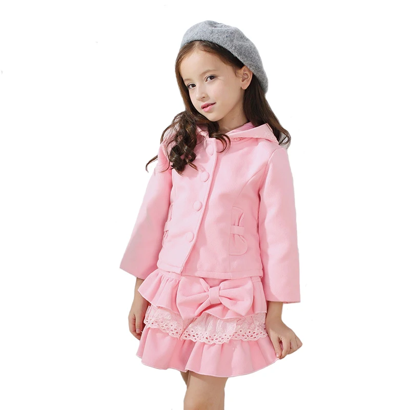 Autumn children's sets Girls Skirt Set Children Woolen Set Kids Long Sleeve Hooded Coat+skirt