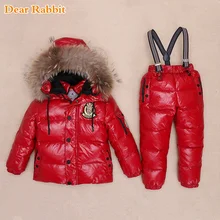 30 градусов русской зимы лыжный комбинезон для детей, джинсовые Костюмы спортивный костюм для мальчиков и девочек детская зимняя одежда, куртки и пальто нагрудник Штаны Водонепроницаемый