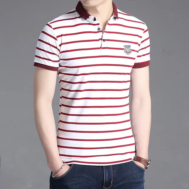 New Korean Men's Cotton Lapel Stripe Short sleeved Polo Shirt Slim ...