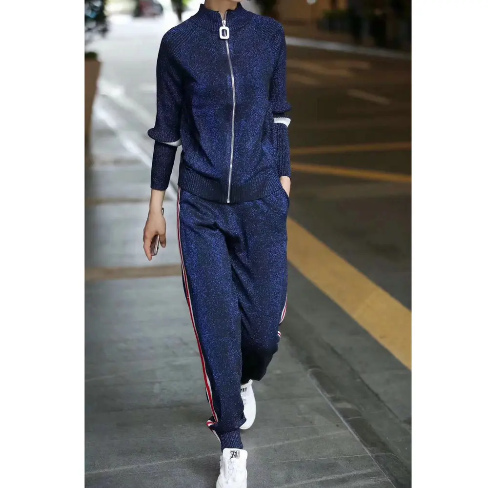 Женский спортивный костюм Casaul блестящий трикотажный кардиган и брюки в полоску