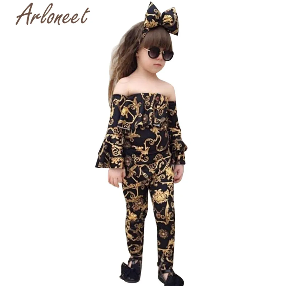 

ARLONEET Fashion Clothes baby girls costume Off Shoulder T-shirt Striped top Print pants headband set 3pcs girls summer outfit