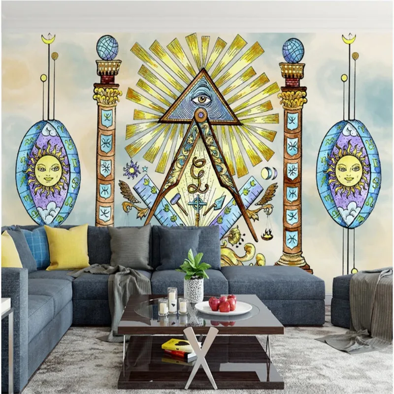 

Custom Ethnic Mural Wallpaper 3D Hand-painted Golden Retro Exotic Pillar Eyes Sun Background Wall Painting Murals Wall Paper 3D