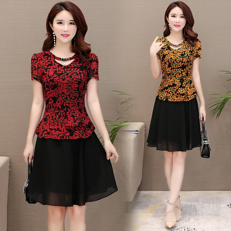 

Middle-aged Plus size Women summer dress 2019 New Print Fake Two-piece A-line Chiffon Dress Women Vestido Elegant Ladies dresses