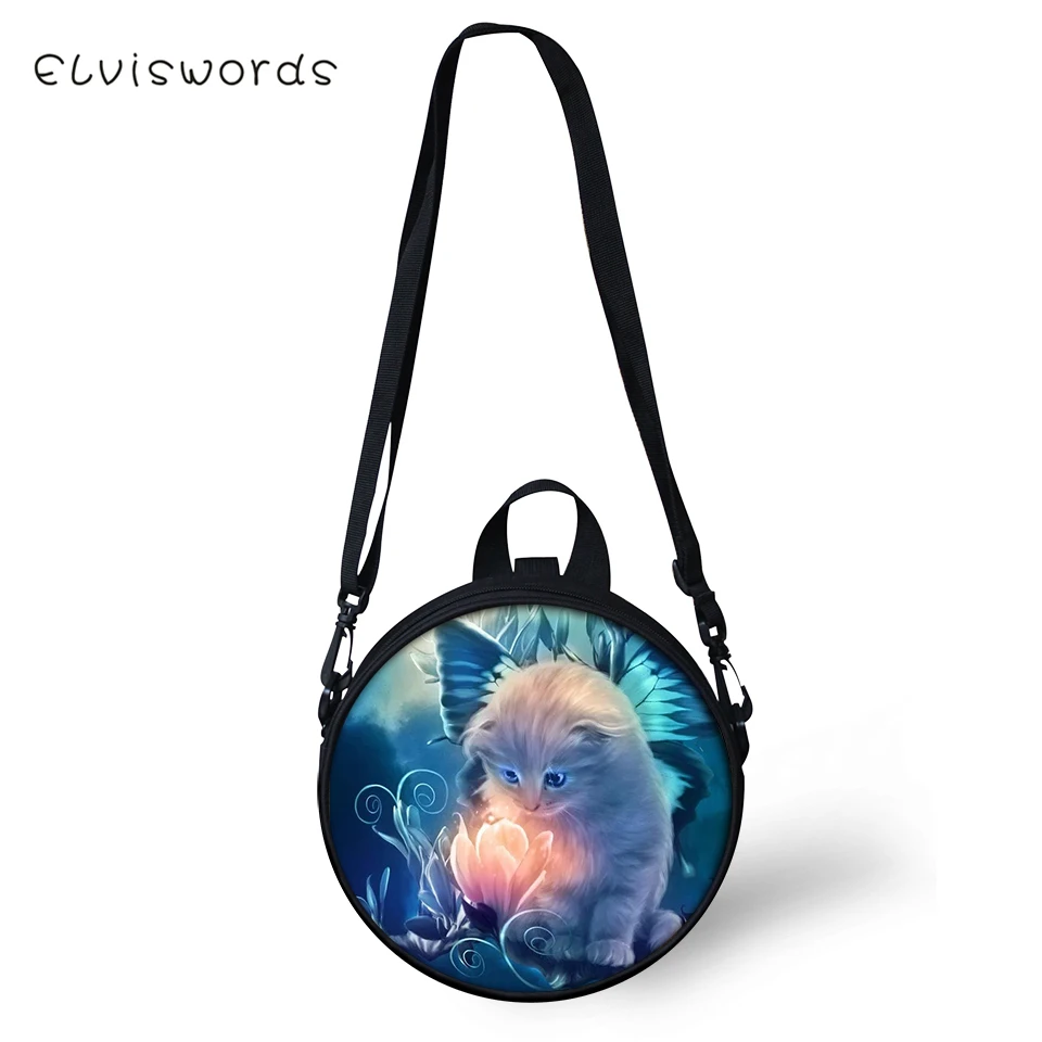 ELVISWORDS Women Round Shape Crossbody Bags Dreamastic Cats Prints Cute Girls Small Purses Kawaii Pattern Women Shoulder Bags