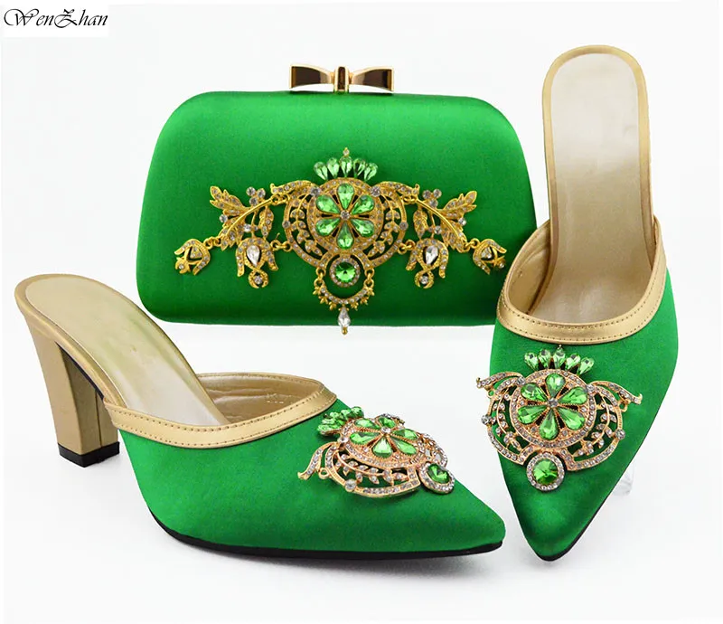 Вечерние свадебные туфли с сумочкой в комплекте, идеально подходящие Африканские Сандалии итальянская обувь и сумочка в комплекте, 9 цветов, 38-43, WENZHAN B95-22 - Цвет: green