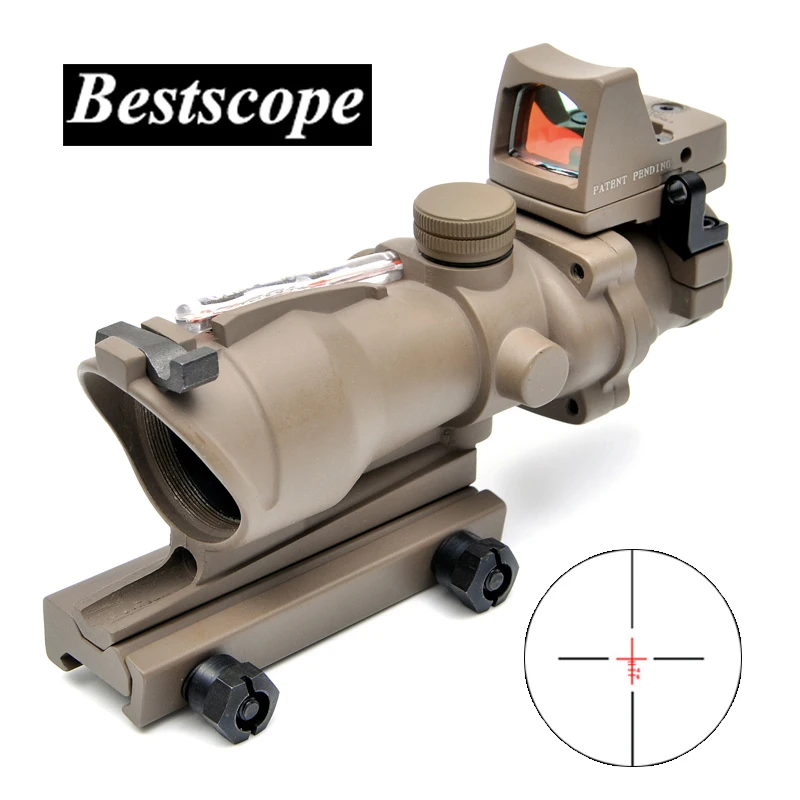

ACOG 4X32 Tan Tactical Real Fiber Optic Red Illuminated w/ RMR Micro Red Dot Hunting Riflescope