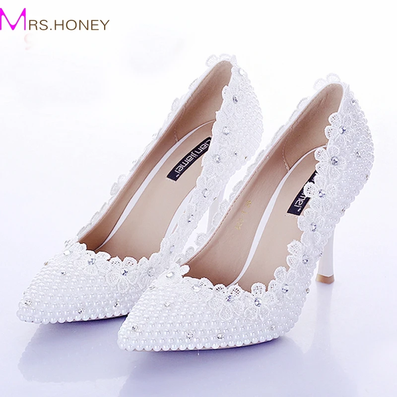 

White Pearl Wedding Shoes For Bride Lace Flower Pointed Toe Sexy Stiletto Heel Women Prom Party Shoes Women Shoes Pumps