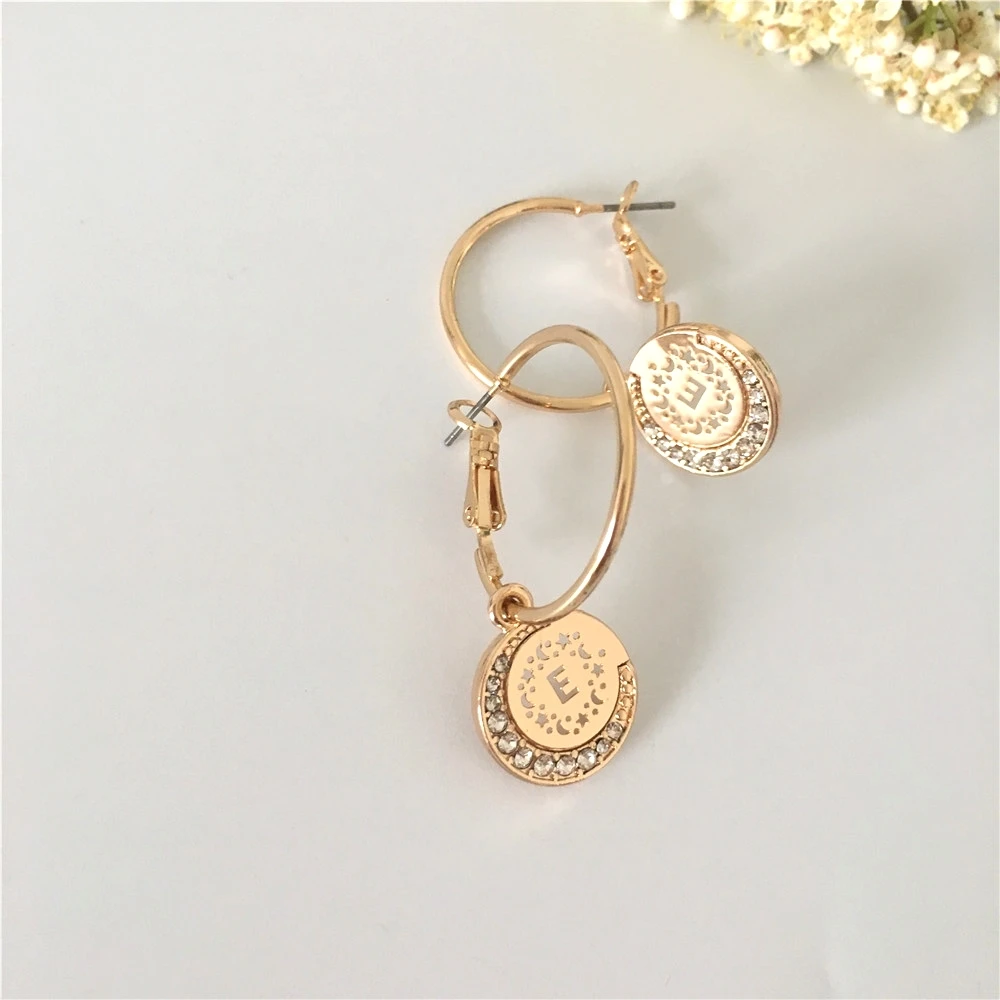 

LOVELY WOMEN HOOP EARRING GOLD COLOR PLATING LETTER MOON STAR FILIGREE ROUND CHARM HOOP EARRINGS