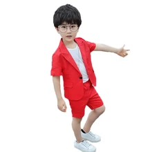 Летний деловой костюм с цветочным узором для мальчиков школьный Блейзер с короткими рукавами+ шорты комплект из 2 предметов, детское платье на свадьбу и день рождения комплект одежды для детей