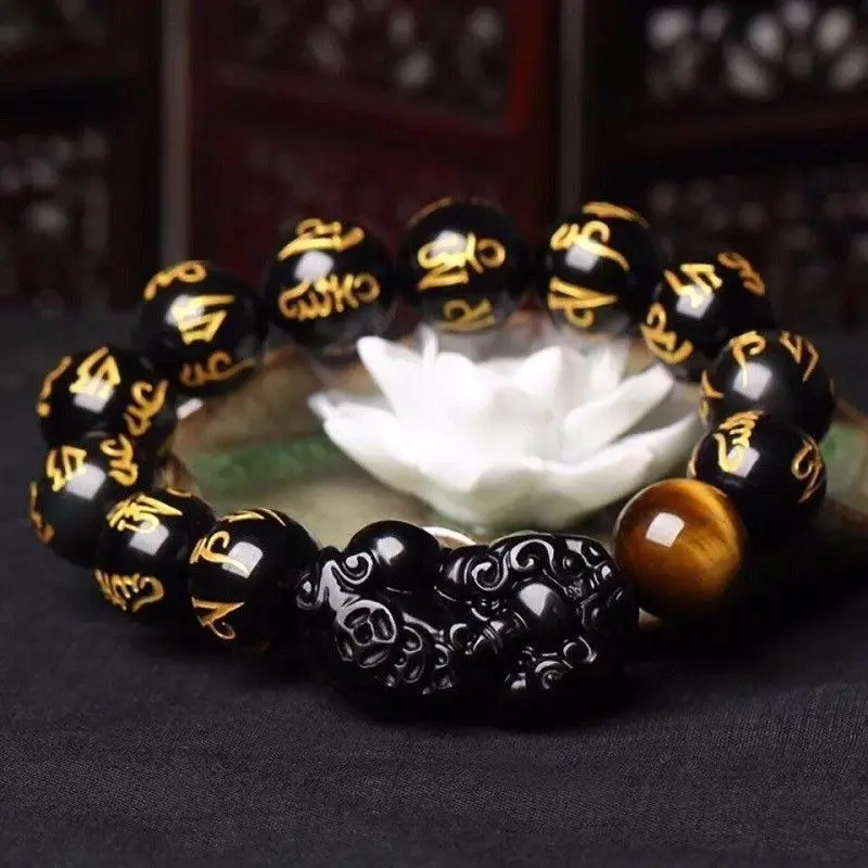 

Newly Natural Black Obsidian Gemstone Pi Xiu Round Beads Gold Six words Wealthy Rare Bracelets AAAAA 10mm 12mm 14mm 16mm 18mm
