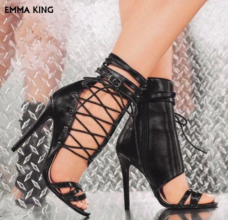

EMMAKING Sexy Fishnet Hollow Crystals Genuine Leather Sandals For Women Ladies Party Stilettos Wedding Shoes With High Heels