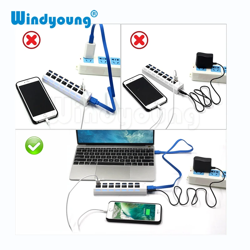 Windyoung USB Hub 3,0 высокое Скорость 7 Порты и разъёмы USB 3,0 концентратор с EUPower адаптер многопортовый usb-адаптер ВКЛ/ВЫКЛ для ноутбука MacBook