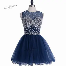 Темно-синие скромные короткие Выпускные платья 2018 длиной выше колена Кристаллы Homecoming платье для вечеринок Выпускной Дешевые Vestidos De Renda