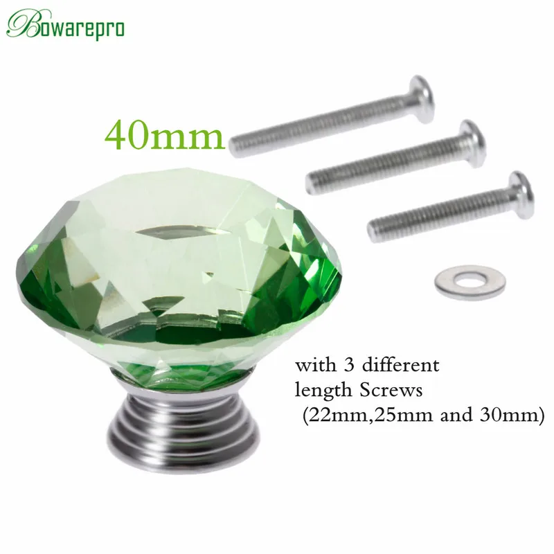bowarepro 40mm Green Diamond Crystal Glass knob hardware Pull handle dresser cabinet furniture kitchen handles 1pcs+3Pcs Screws